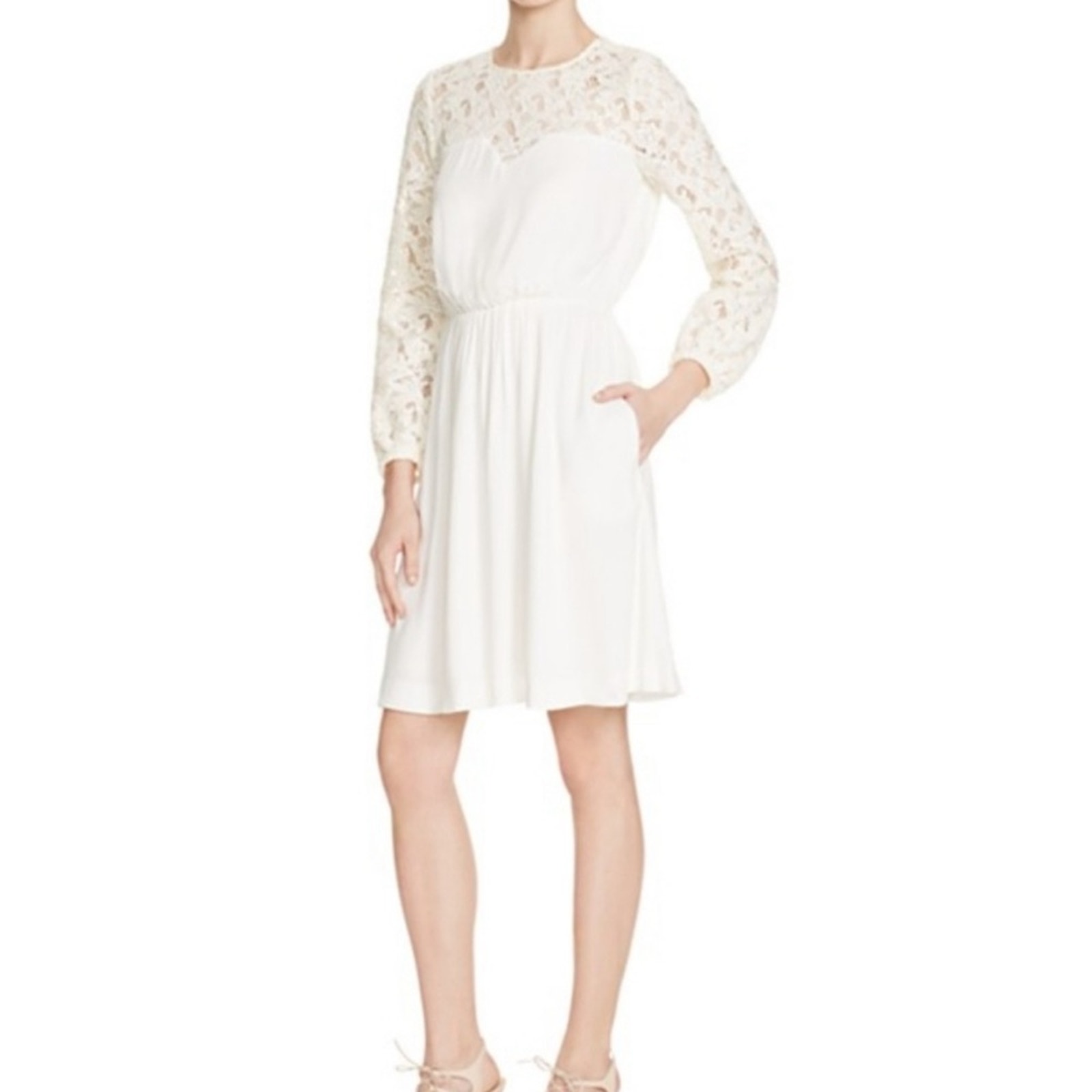 New Maje Dress Womens 3- Us Large Raye Lace Long Sleeve In Ecru White